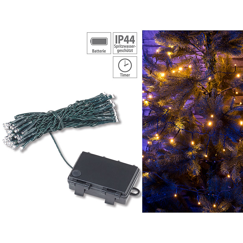 LED-Lichterkette mit 50 LEDs, Timer, Batterie, warmweiß, 5 m, IP44