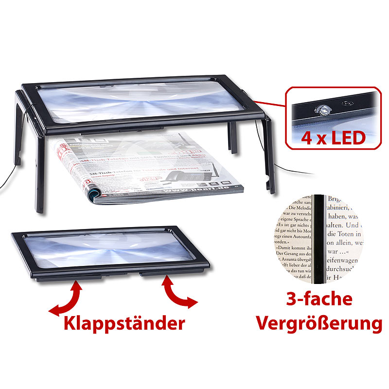 XXL-Leselupe mit 3-facher Vergrößerung, 4 LEDs und Klappständer