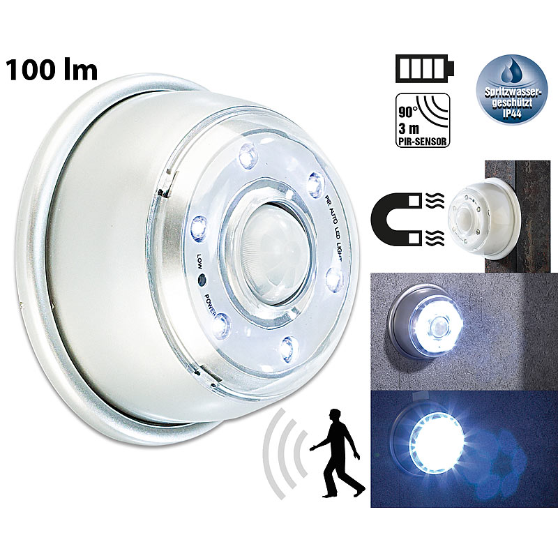 LED Innen- & Außenlicht mit PIR-Sensor & Magnethalterung, IP44, 100 lm