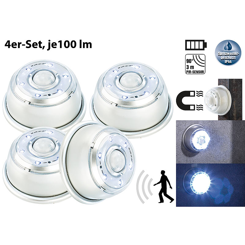 LED-Nachtlicht mit Bewegungsmelder & Magnethalterung 4er-Set