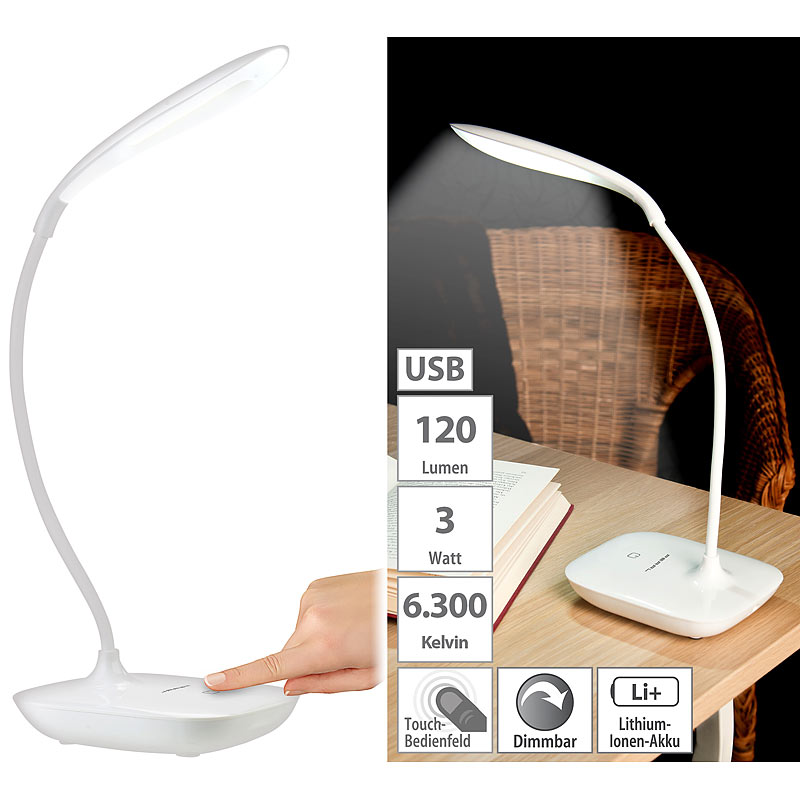 Schwanenhals-Schreibtischlampe mit 3-Watt-COB-LED & Akku, USB-Ladung