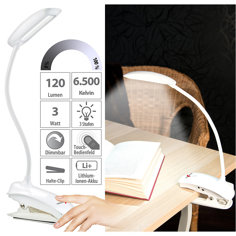 Schwanenhals-Klemm-Lampe mit 3-Watt-COB-LED und Akku, USB-Ladefunktion