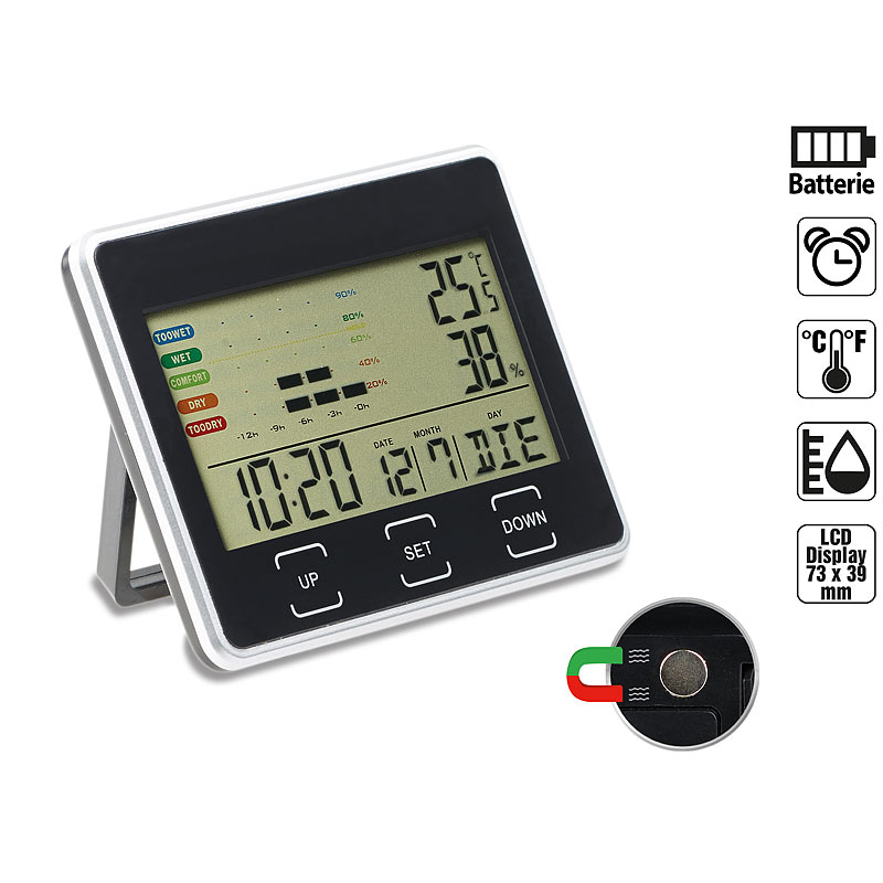 Digitaler Wecker mit Kalender, Thermometer und Hygrometer