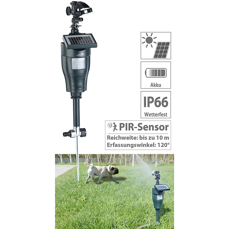 Reiherschreck: Solar-Wasserstrahl-Tierschreck mit PIR-Bewegungsmelder