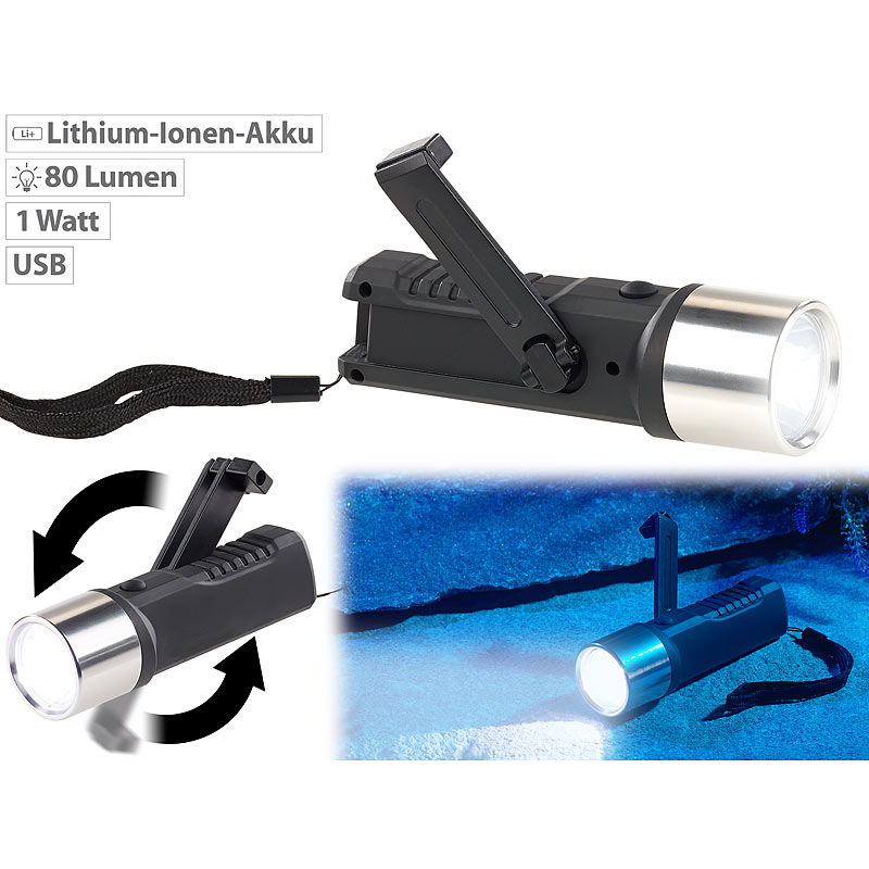 Dynamo-LED-Taschenlampe, 80 Lumen, 1 Watt, auch per USB ladbar