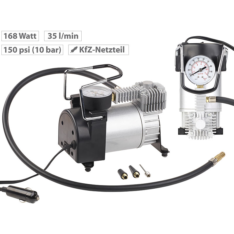 Mini-Luft-Kompressor mit Manometer, 12 V, 100 psi, 168 Watt, 3 Adapter
