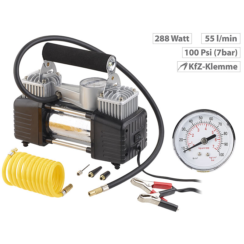 Mobiler Luft-Kompressor, Manometer, 12 V, 100 psi, 288 Watt, 3 Adapter