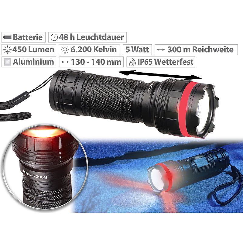 Cree-LED-Taschenlampe mit Alu-Gehäuse, 5 Watt, 450 Lumen, IP65