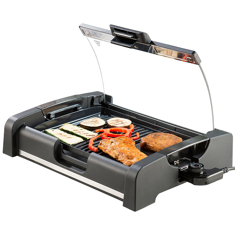 Tischgrill mit Glasdeckel, Keramik-beschichtete Grillplatte, 1.650 W