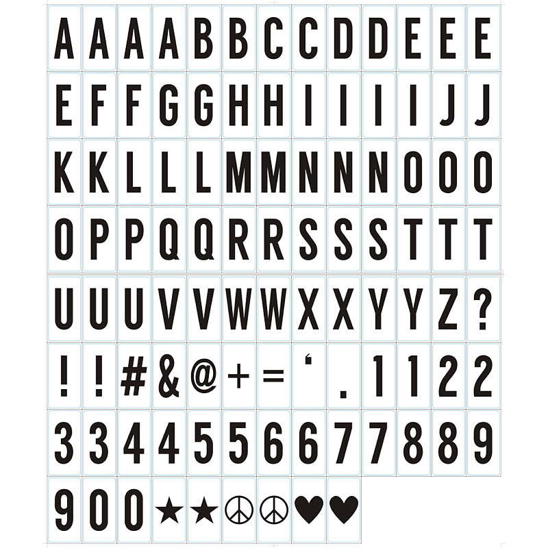 100-tlg. Buchstaben- & Symbol-Set f. Leuchtkästen, schwarz, 7 x 3,5 cm