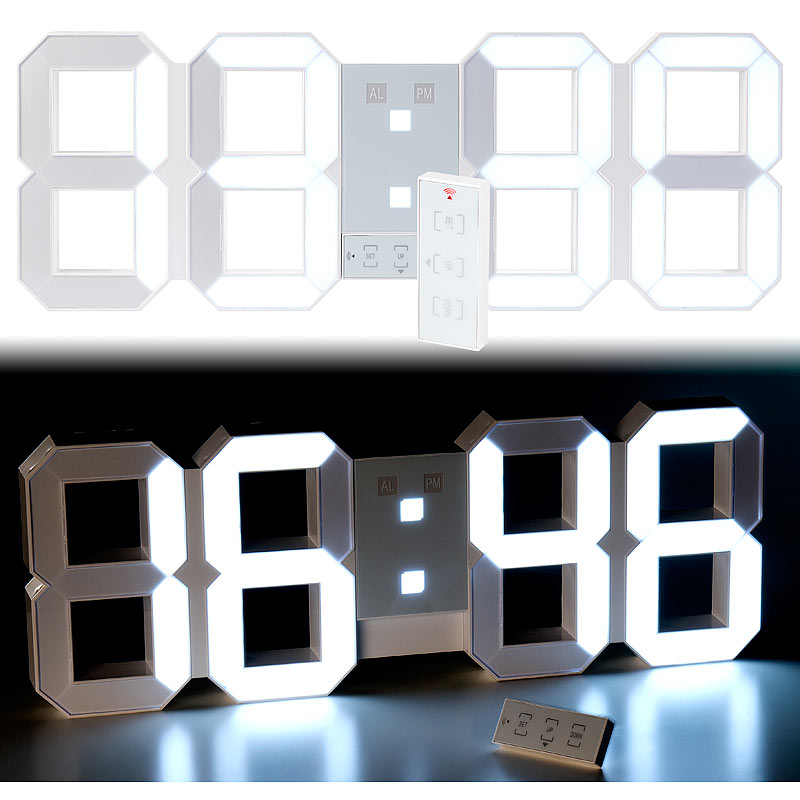 Digitale XXL-LED-Tisch- & Wanduhr, 45 cm, dimmbar, Wecker, Fernbedien.