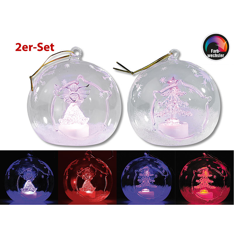 Mundgeblasene LED-Glas-Ornamente in Kugelform, 2er-Set