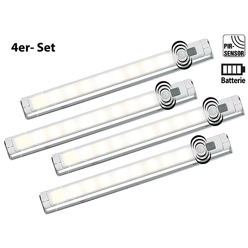 4er-Set Schwenkbare Lichtleisten, PIR-Sensor, 9 SMD-LEDs, warmweiß