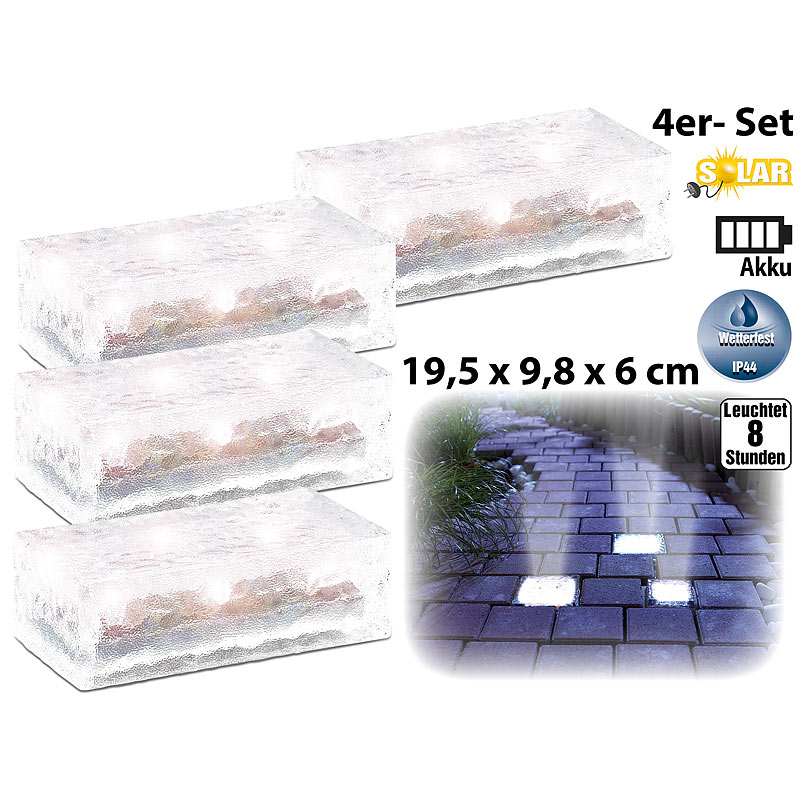 4er-Set Solar-Glasbausteine mit LED & Lichtsensor, 19,5 x 9,8 x 6 cm