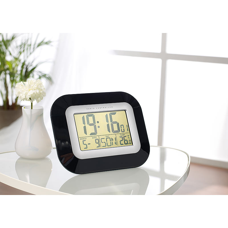 Wand- & Tisch-Funkuhr mit Weckfunktion, Temperatur- und Datums-Anzeige