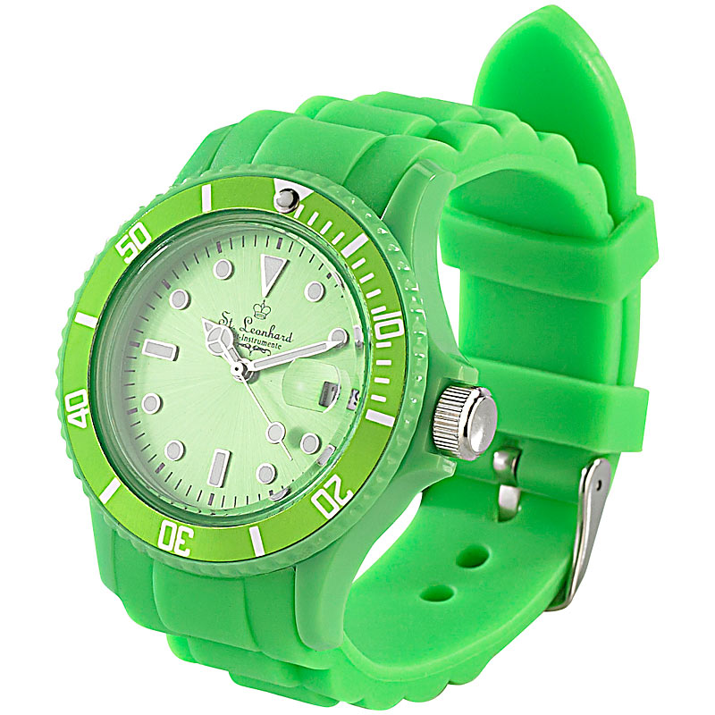 Sportliche Silikon-Quarz-Armbanduhr, Lupen-Mineralglas, peppig-grün
