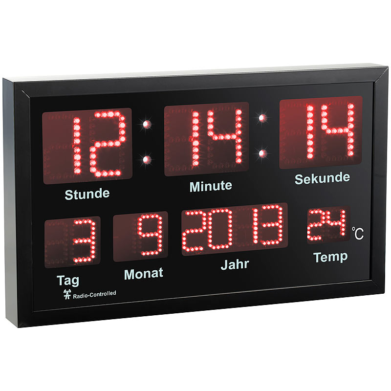 LED-Funk-Tisch- und Wanduhr mit Datum und Temperatur, 412 rote LEDs