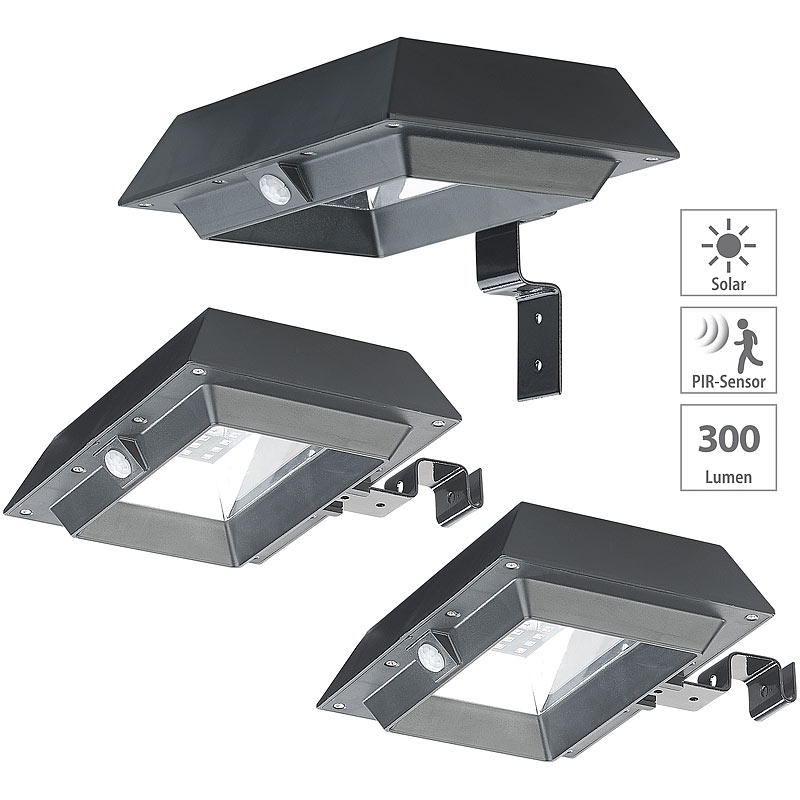 3er-Set 2in1-Solar-LED-Dachrinnen- & Wandleuchten, PIR-Sensor, 300 lm