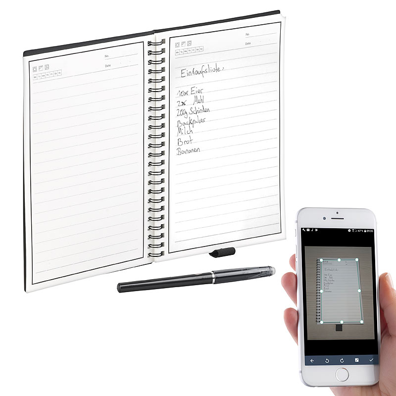 Wiederverwendbares Notizbuch mit schwarzem Stift und App, DIN A5