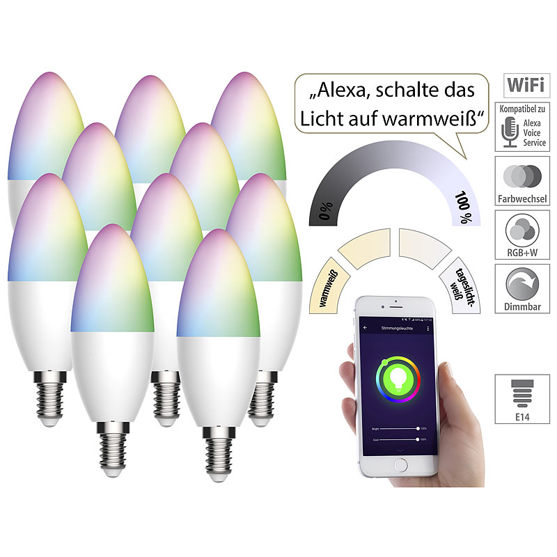 10er-Set WLAN-LED-Lampe für Amazon Alexa/Google Assistant, E14, 5,5 W