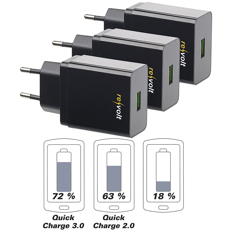 3er-Set 230-V-USB-Netzteil, Quick Charge 3.0, 3,6 - 12 V, max. 19,5 W