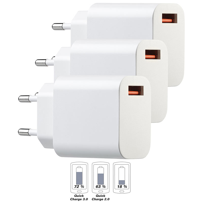 3er-Set 230-V-USB-Netzteil, Quick Charge 3.0, 3,6 - 12 V, max. 19,5 W