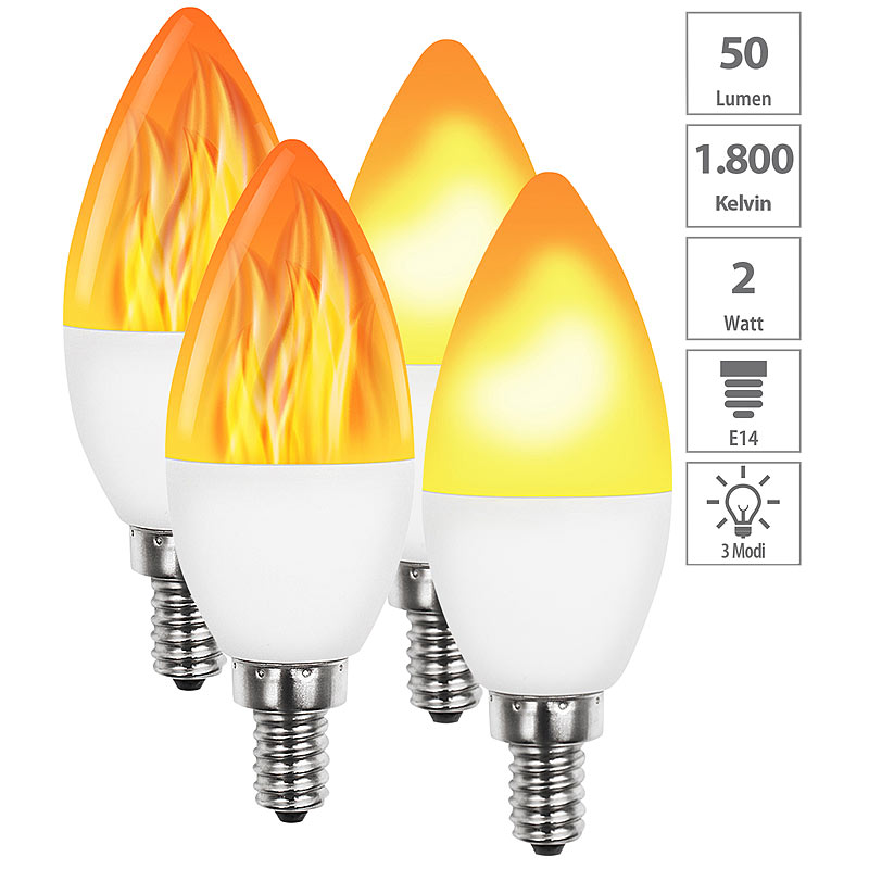 4er-Set LED-Lampen mit Flammeneffekt, 3 Beleuchtungs-Modi, E14, 2 W,