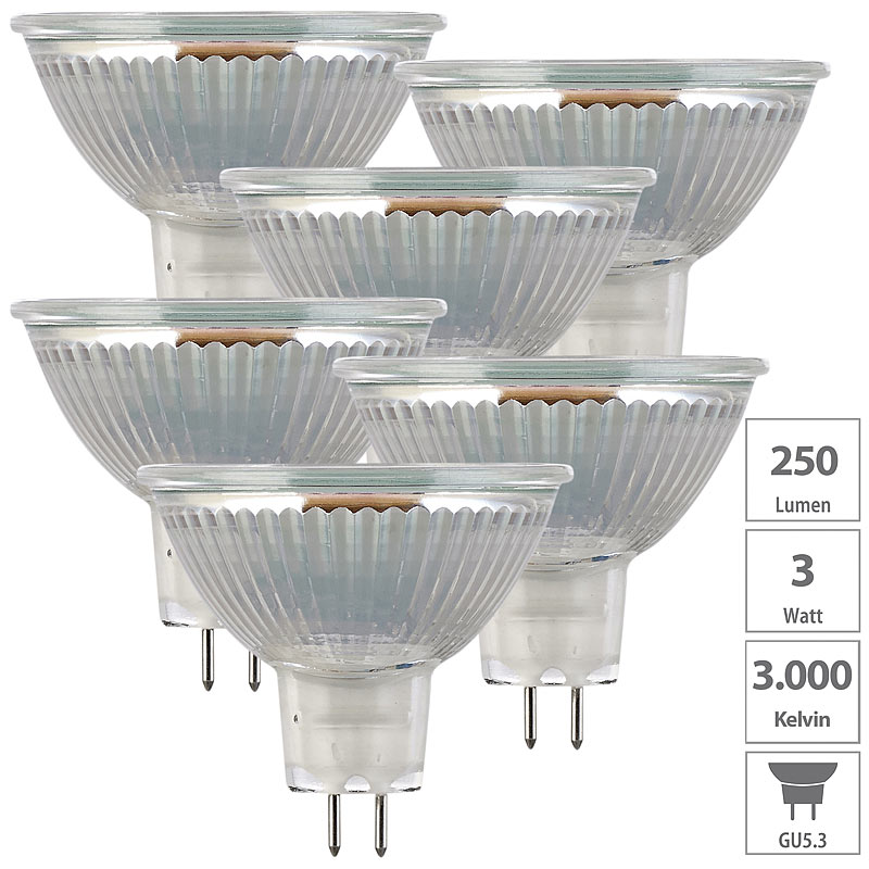 6er-Set LED-Spots mit Glasgehäuse GU5.3, 3 W, 250 lm, 3000 K, warmweiß