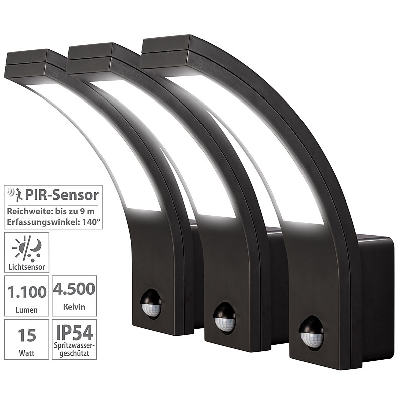 3er-Set LED-Außen-Wandleuchten mit PIR-Bewegungssensor, 1.100 lm, 15 W