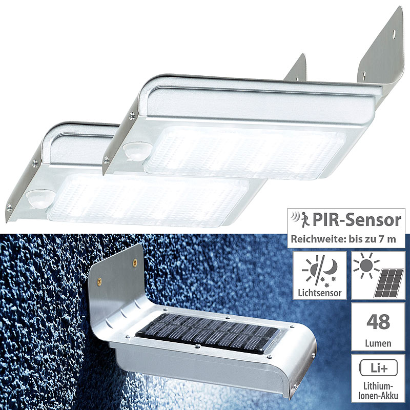 2er-Set Edelstahl-LED-Solar-Wandleuchten, Licht- & Bewegungssensor