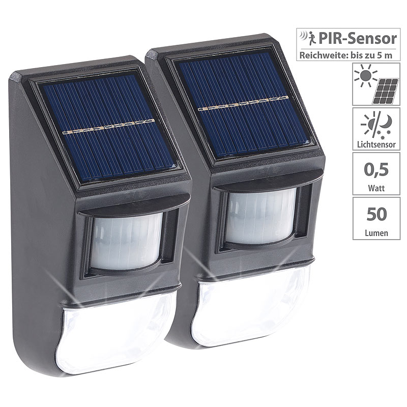 2er-Set LED-Solar-Wandleuchten, Dämmerungs- & PIR-Bewegungssensor