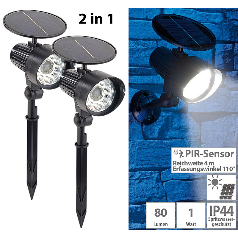 2er-Set 2in1-Solar-LED-Wand- und Wegeleuchten mit Licht- & PIR-Sensor