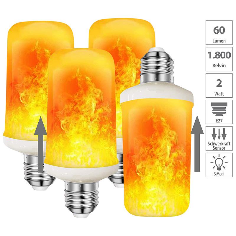 4er-Set LED-Lampen mit Flammeneffekt, 3 Beleuchtungs-Modi, E27, 2 W