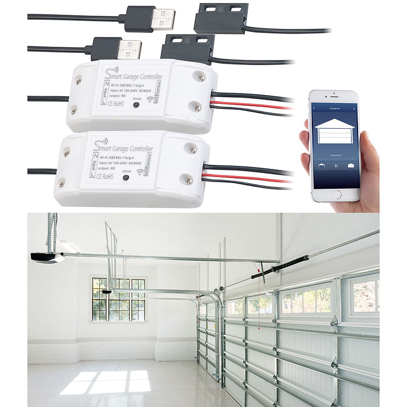 2er-Set WLAN-Garagentor-Steuerungen mit App, komp. mit Siri & GA