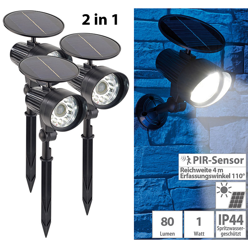 3er-Set 2in1-Solar-LED-Wand- & Wegeleuchten mit Licht- und PIR-Sensor