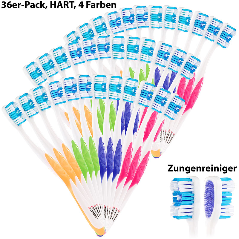 36er-Pack Marken-Zahnbürsten mit Zungenreiniger, HART, 4 Farben