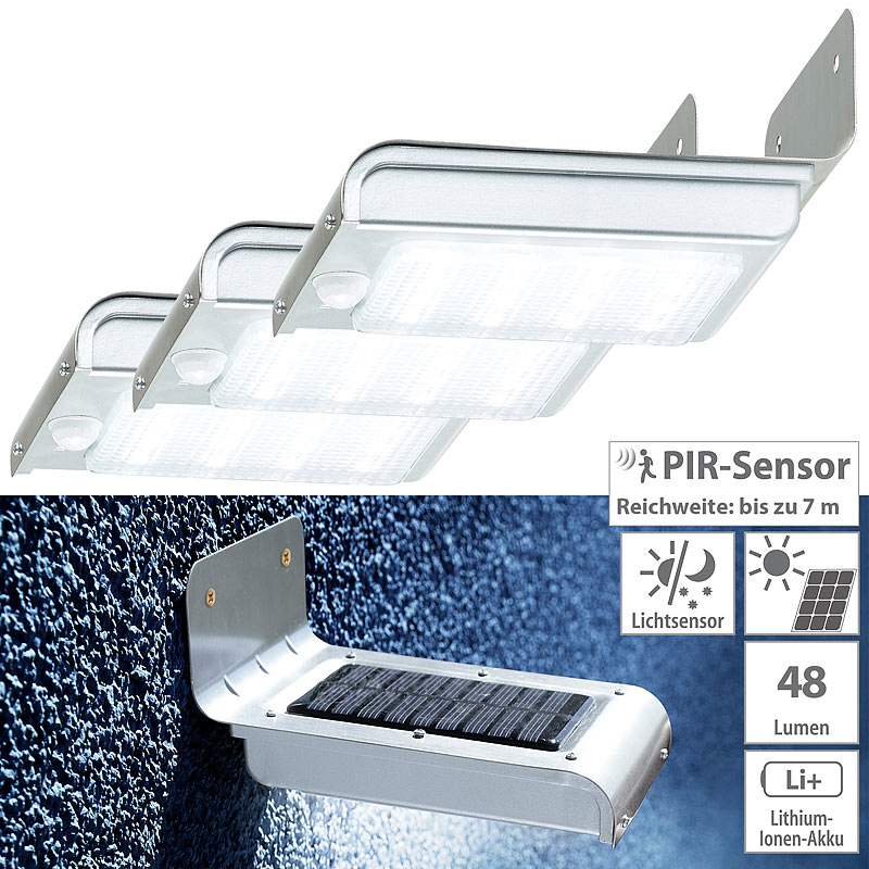 3er-Set Edelstahl-LED-Solar-Wandleuchten, Licht- & Bewegungssensor