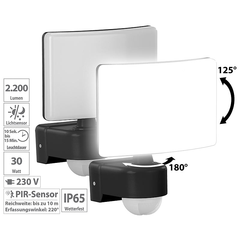 2er-Set LED-Außenstrahler mit PIR-Bewegungssensor, 2.200 lm, 30W, IP65