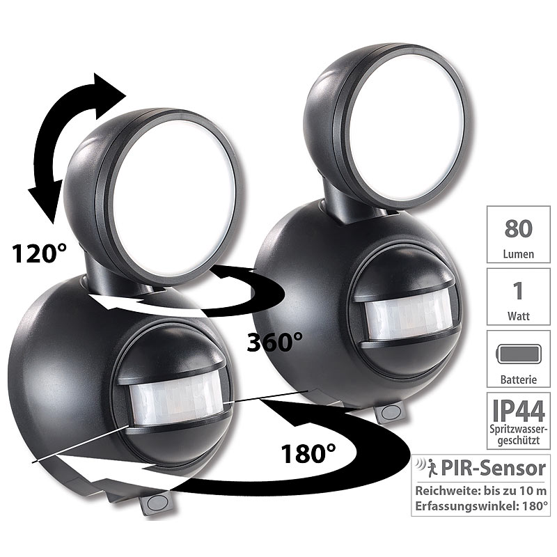 2er-Set kabellose LED-Außenleuchten, PIR-Bewegungsmelder, 1 W, 80lm