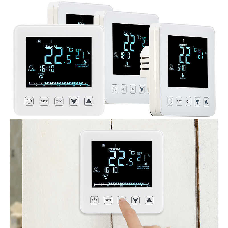 4er-Set Wand-Thermostate für Fußbodenheizung, LCD, Touch-Tasten