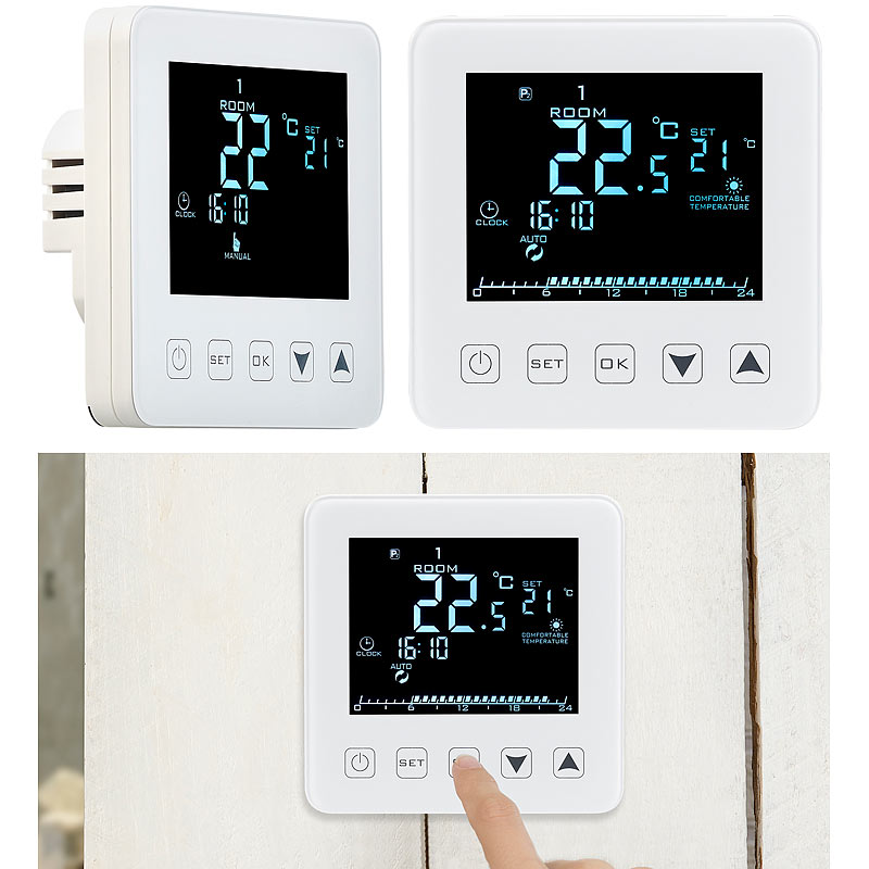 2er-Set Wand-Thermostate für Fußbodenheizung, LCD, Touch-Tasten