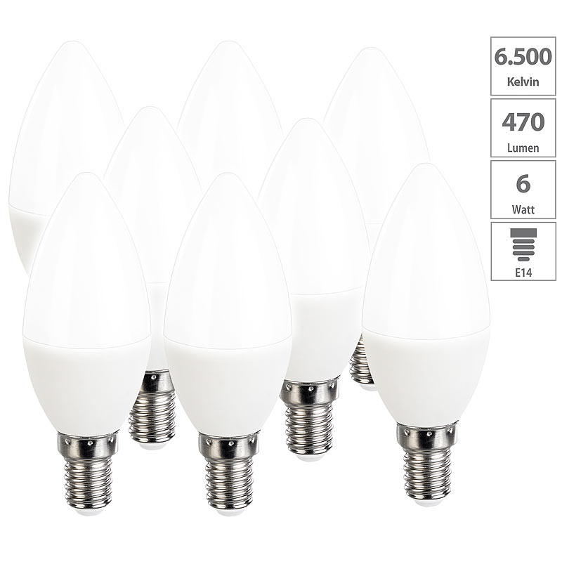 8er-Set LED-Kerzen, tageslichtweiß, 470 Lumen, E14, 6 Watt, 6500 K