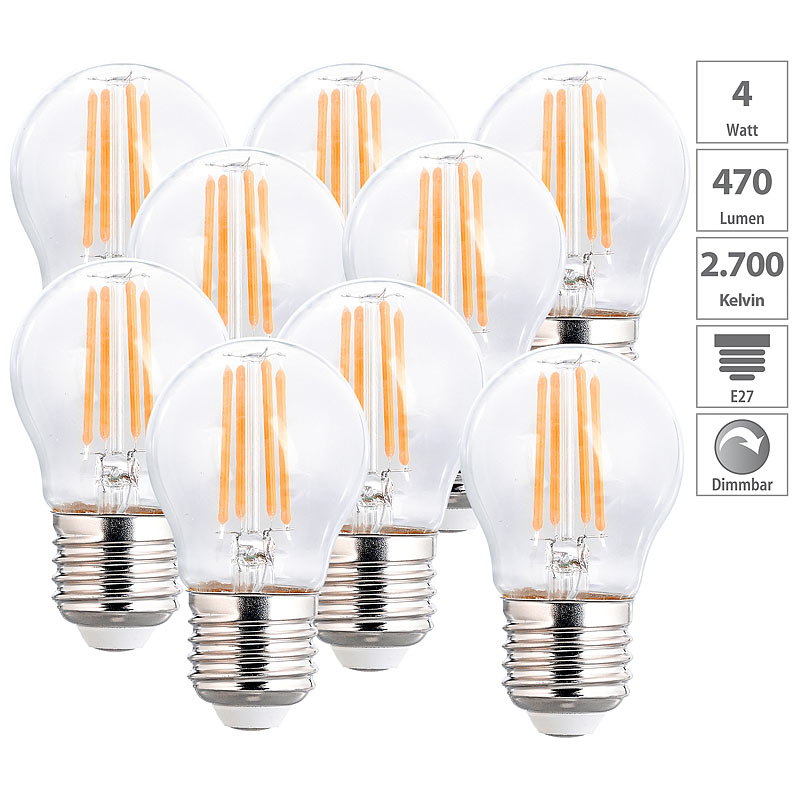 9er-Set LED-Filament-Lampen, G45, E27, 470 lm, 4 W, 2700 K, dimmbar