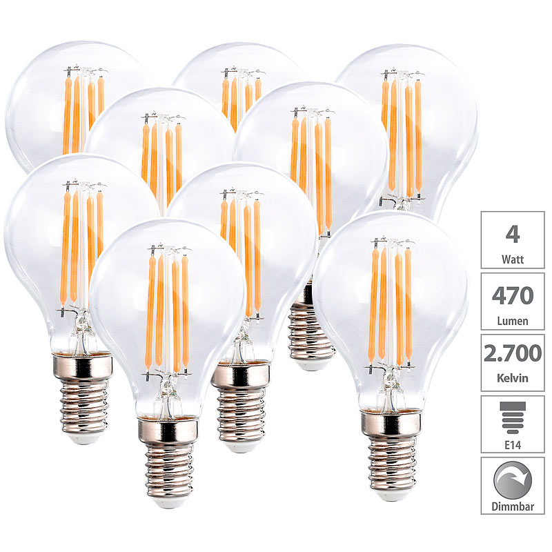 9er-Set LED-Filament-Lampen, G45, E14, 470 lm, 4 W, 2700 K, dimmbar