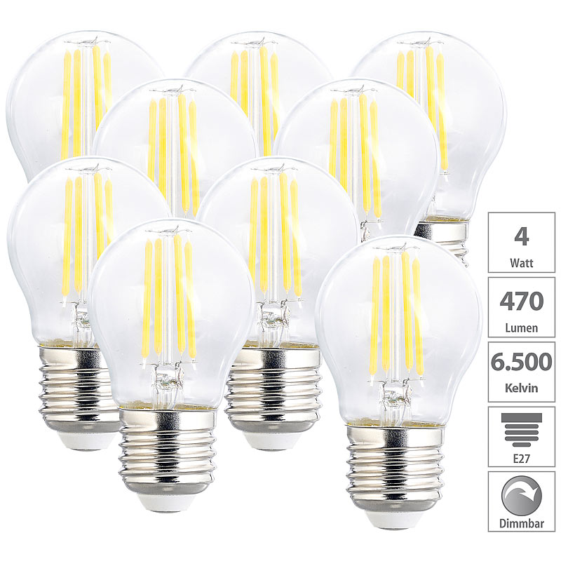 LED-Filament-Lampen im 9er-Set, G45, E27, 470 lm, 4 W, 6500 K, dimmbar