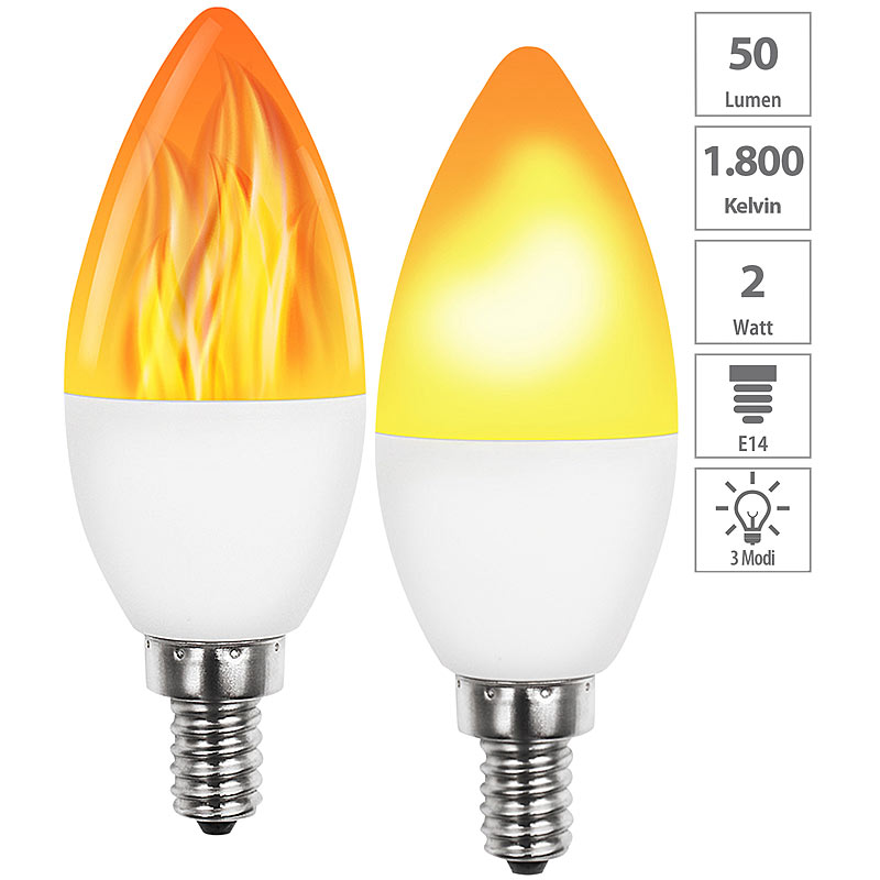 2er-Set LED-Lampen mit Flammeneffekt, 3 Beleuchtungs-Modi, E14, 2 W,