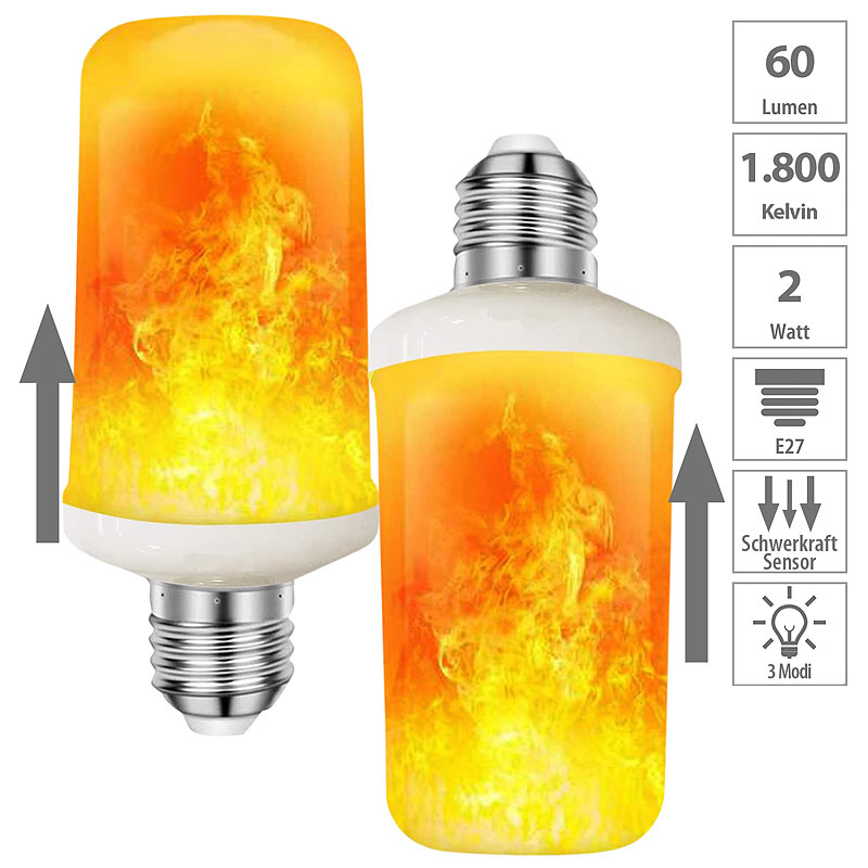 2er-Set LED-Lampen mit Flammeneffekt, 3 Beleuchtungs-Modi, E27, 2 W