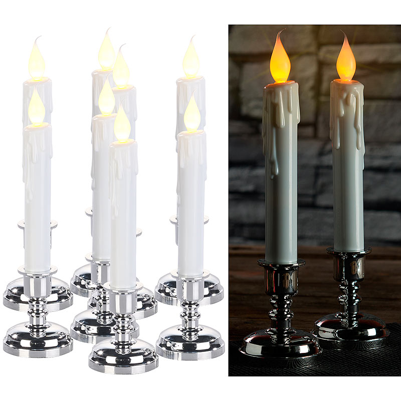 8er-Set LED-Stabkerzen mit silbernem Kerzenständer, flackernde Flamme