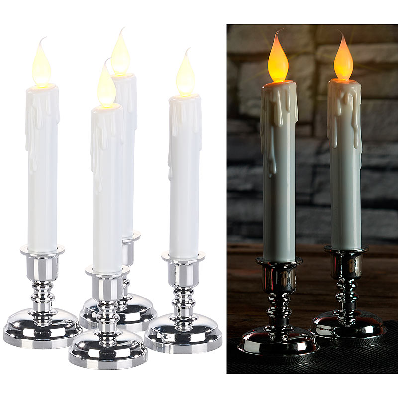 4er-Set LED-Stabkerzen mit silbernem Kerzenständer, flackernde Flamme