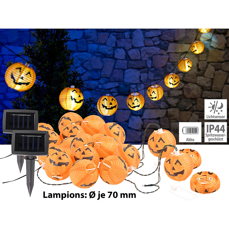 2er-Set Solar-Lichterketten mit 10 LED-Lampions, Halloween-Kürbis-Look